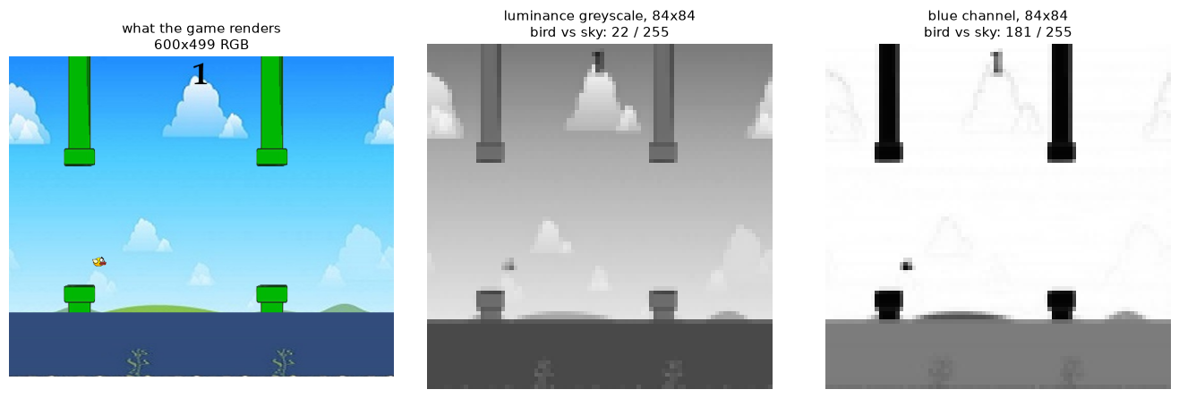 The same frame as luminance greyscale and as the blue channel